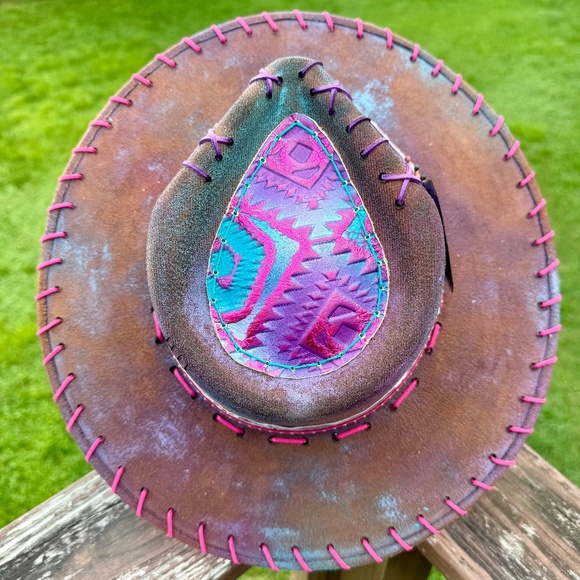 Hand Burned Distressed Rancher Hat with Aztec Cotton Candy Genuine Leather - Picture 1 of 6